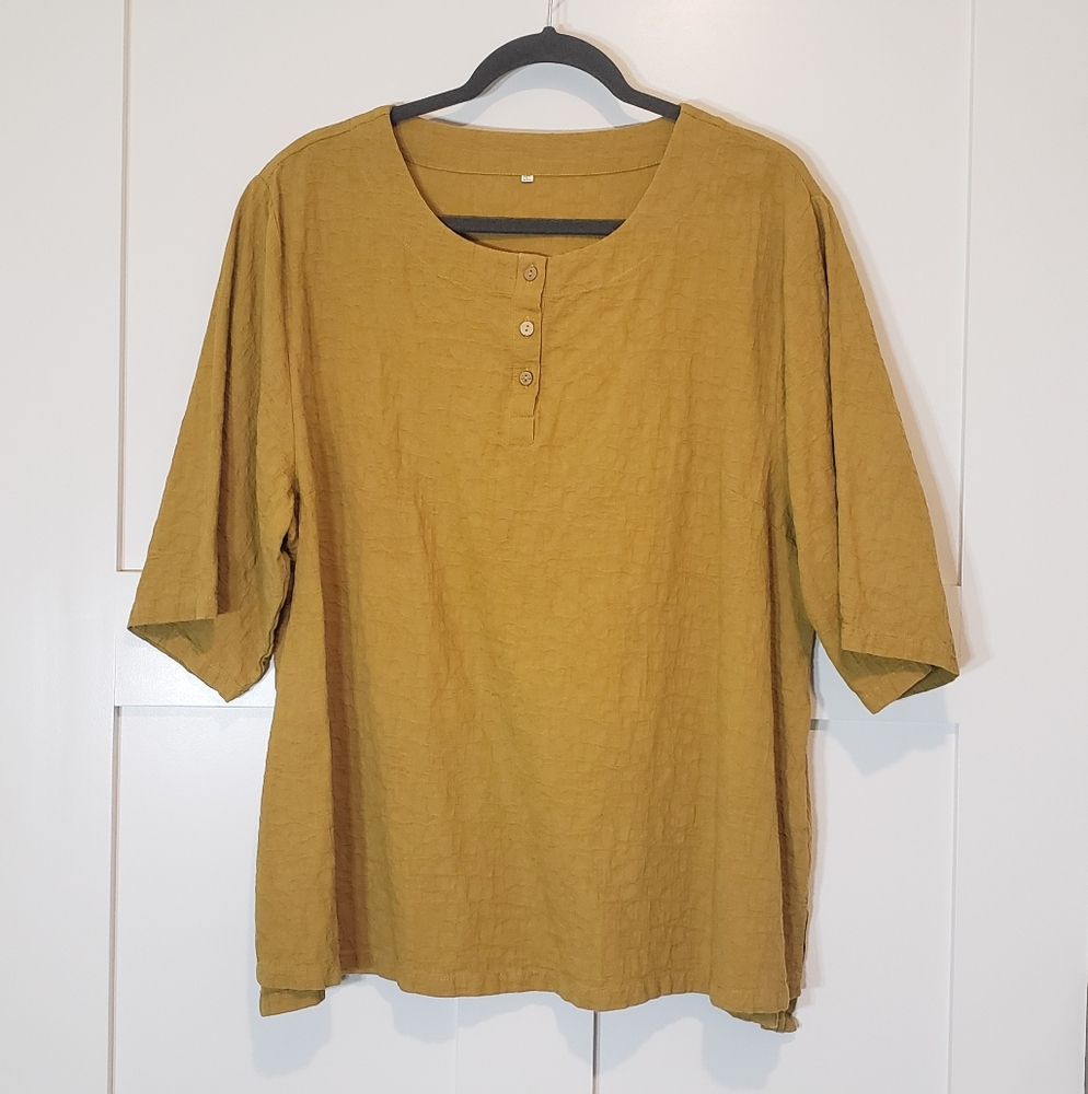 Unbranded Linen Cotton Tunic Top Elbow Sleeves Womens 2XL Textured Gold Color
